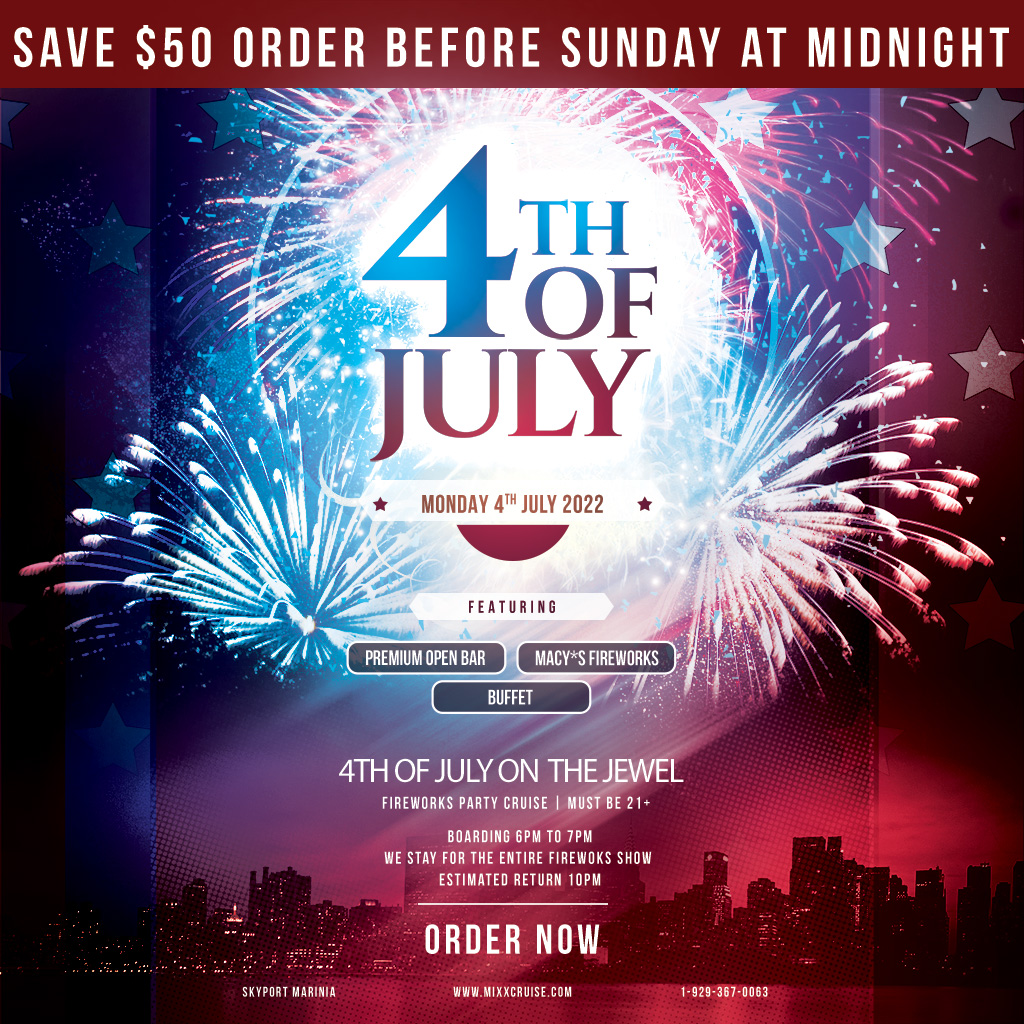 4th of July Flyer Promoting 4th of Jully Fireworks Cruise Manhattian and Burst of Fireworks in the Visual